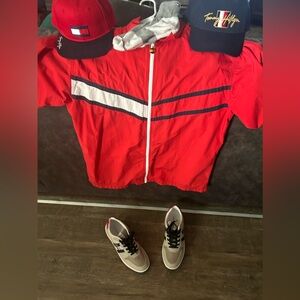 Tommy Hilfiger bundle. Zip up shirt, 2 hats, socks and size 9 shoes